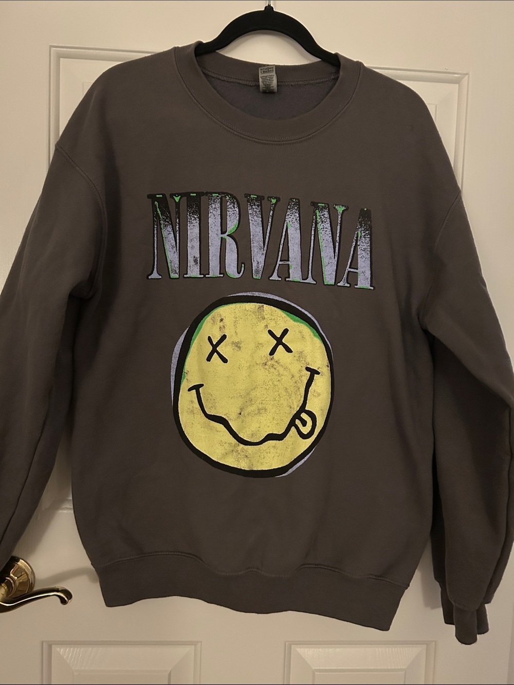 NIRVANA Gray Crewneck Sweatshirt with Yellow Smiley Graphic